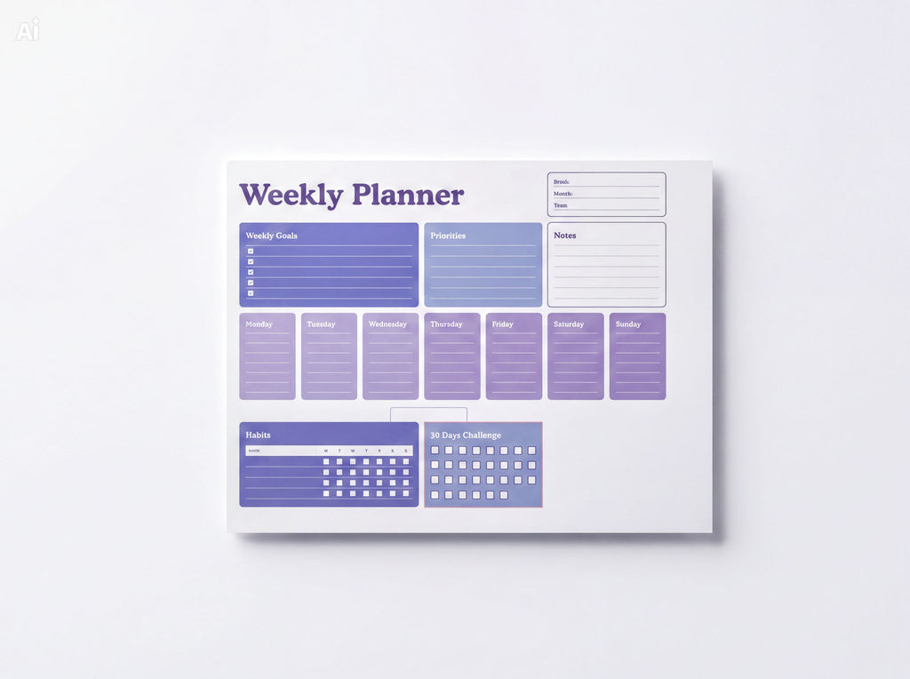 The image is a weekly planner with a purple and white color scheme. It includes sections for weekly goals, priorities, notes, habits, and a calendar. The layout is organized and structured, with each section clearly labeled and designed to help users plan and manage their time effectively.
