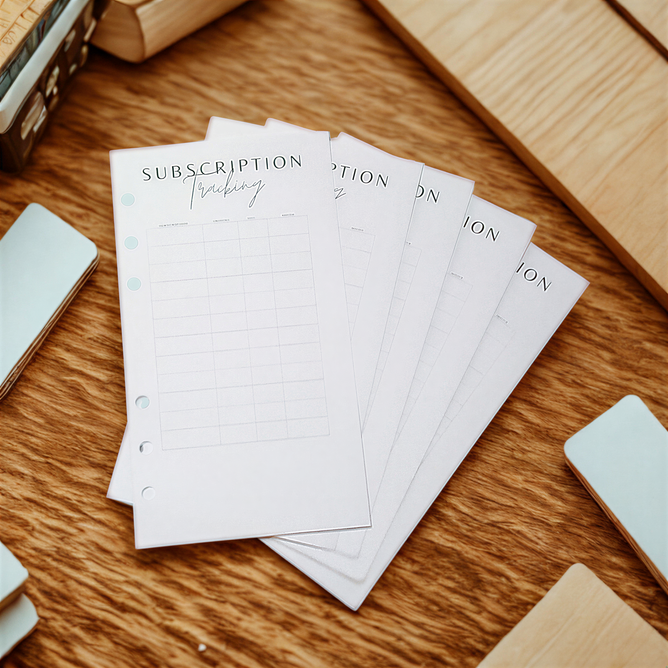 a collection of white paper notebooks or planners with the word "Subscription" written on them, arranged on a wooden surface.