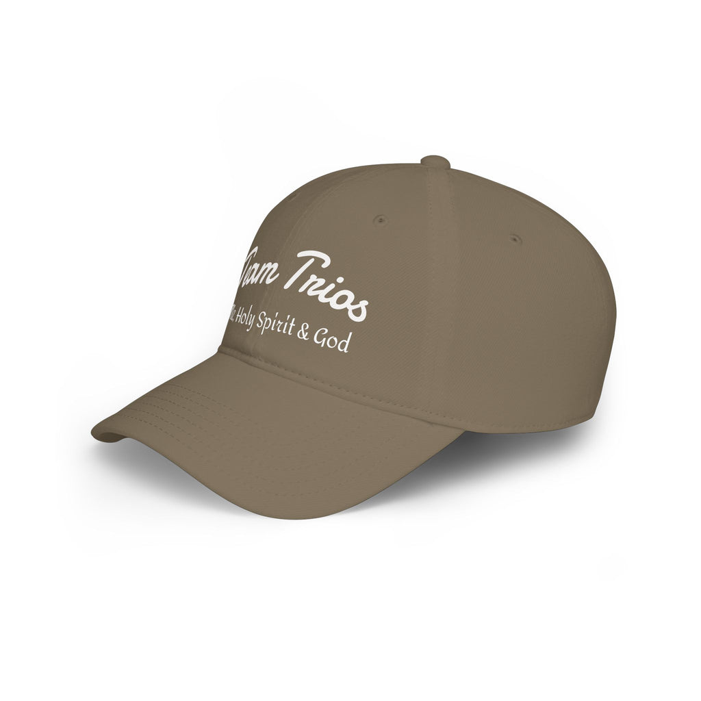 Brown baseball cap with 'Team Trios' and 'Holy Spirit & God' text in white script