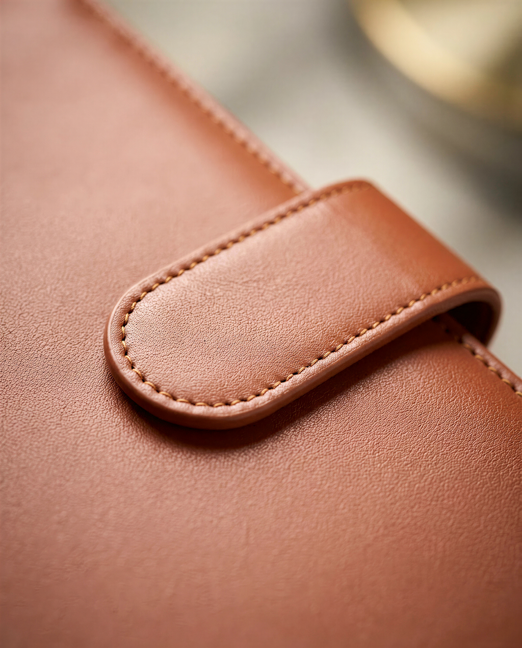 A close-up view of a brown leather wallet or card holder, with a small, curved leather clasp or clip.