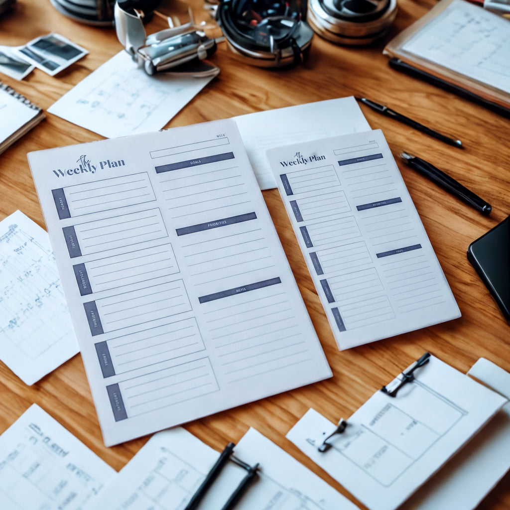 a wooden desk with various office supplies and papers, including two large weekly planners or schedules, a notebook, and other items such as pens and a phone.
