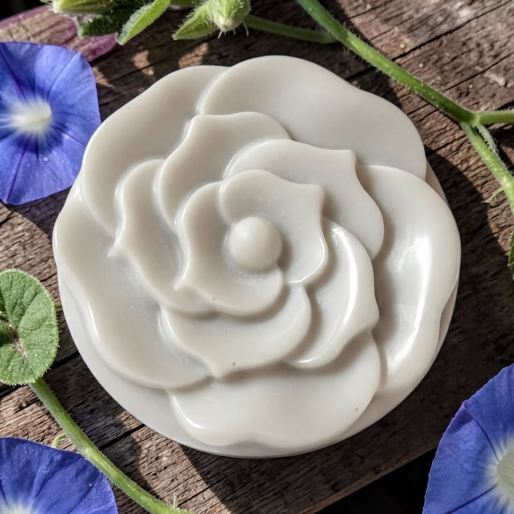 a white flower-shaped soap on a wooden surface, surrounded by blue and purple flowers.