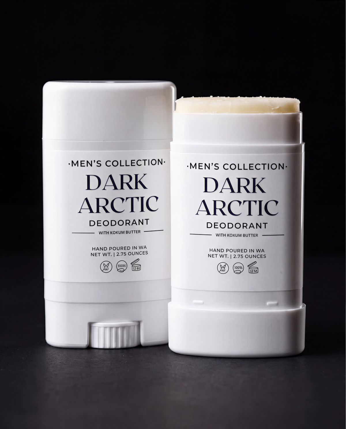 Two deodorant sticks from the "Men's Collection" are shown against a black background.