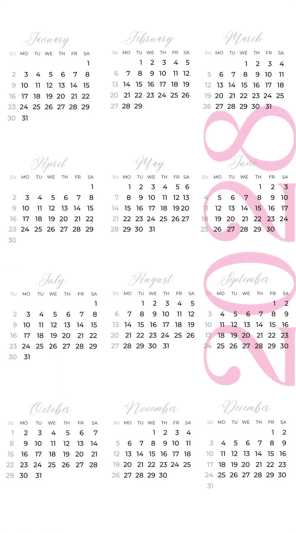 The image is a calendar for the months of the year, showing the days of the week and the dates for each month.