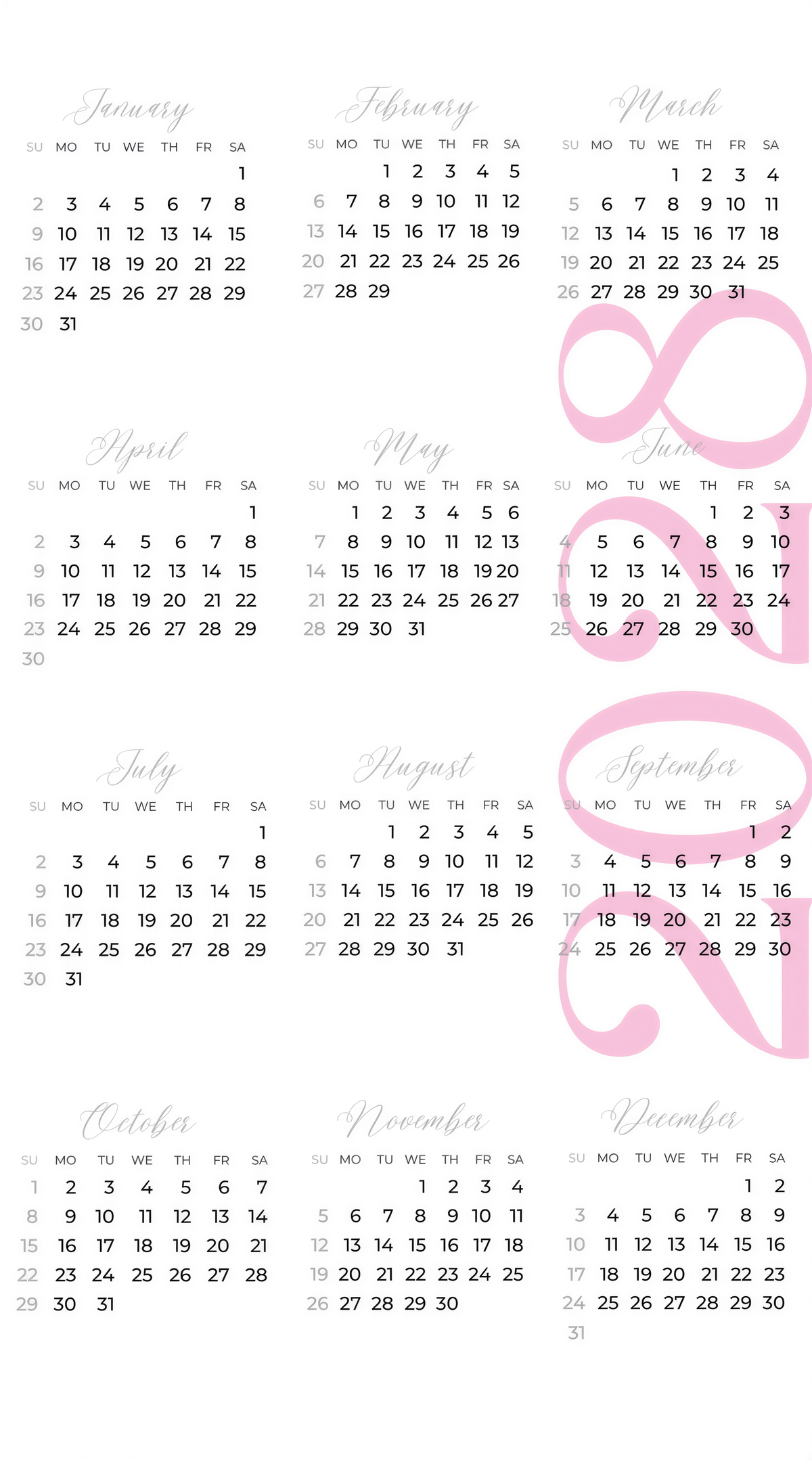 The image is a calendar for the months of the year, showing the days of the week and the dates for each month.