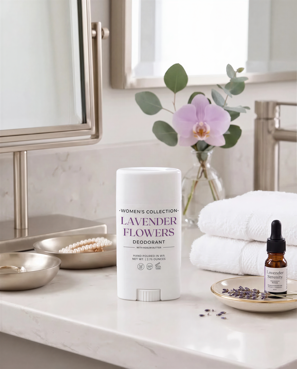 a bathroom counter with various personal care items, including a deodorant stick, a bottle of essential oil, and a vase with flowers.