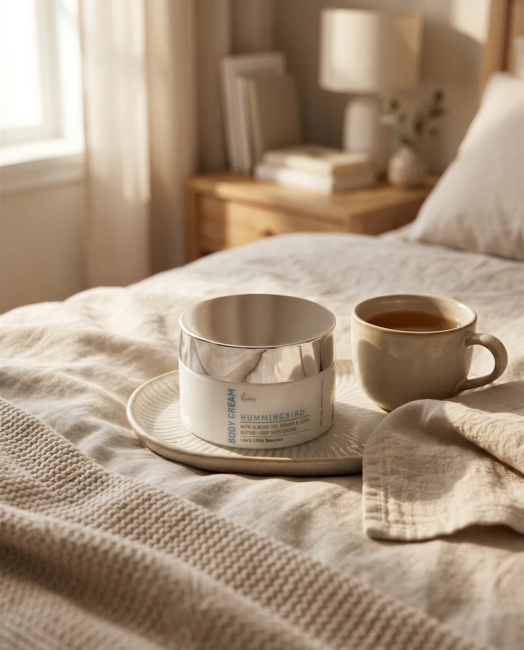 A cozy bedroom scene with a bed, a jar of body cream, a cup of tea, and a lamp on a nightstand.