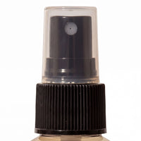 A spray bottle with a black cap and a clear nozzle.