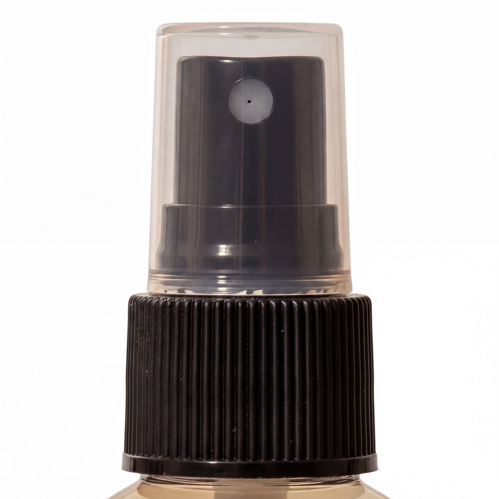 A spray bottle with a black cap and a clear nozzle.