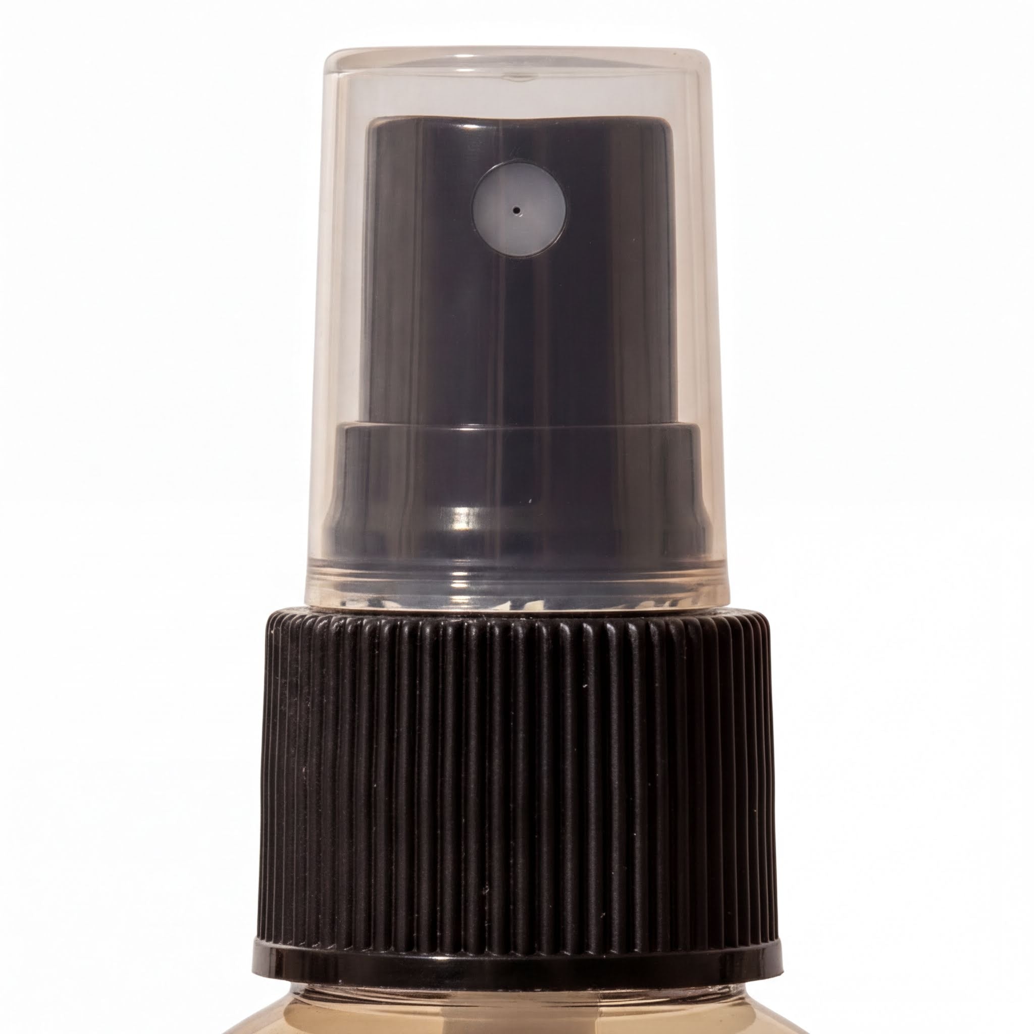 A spray bottle with a black cap and a clear nozzle.