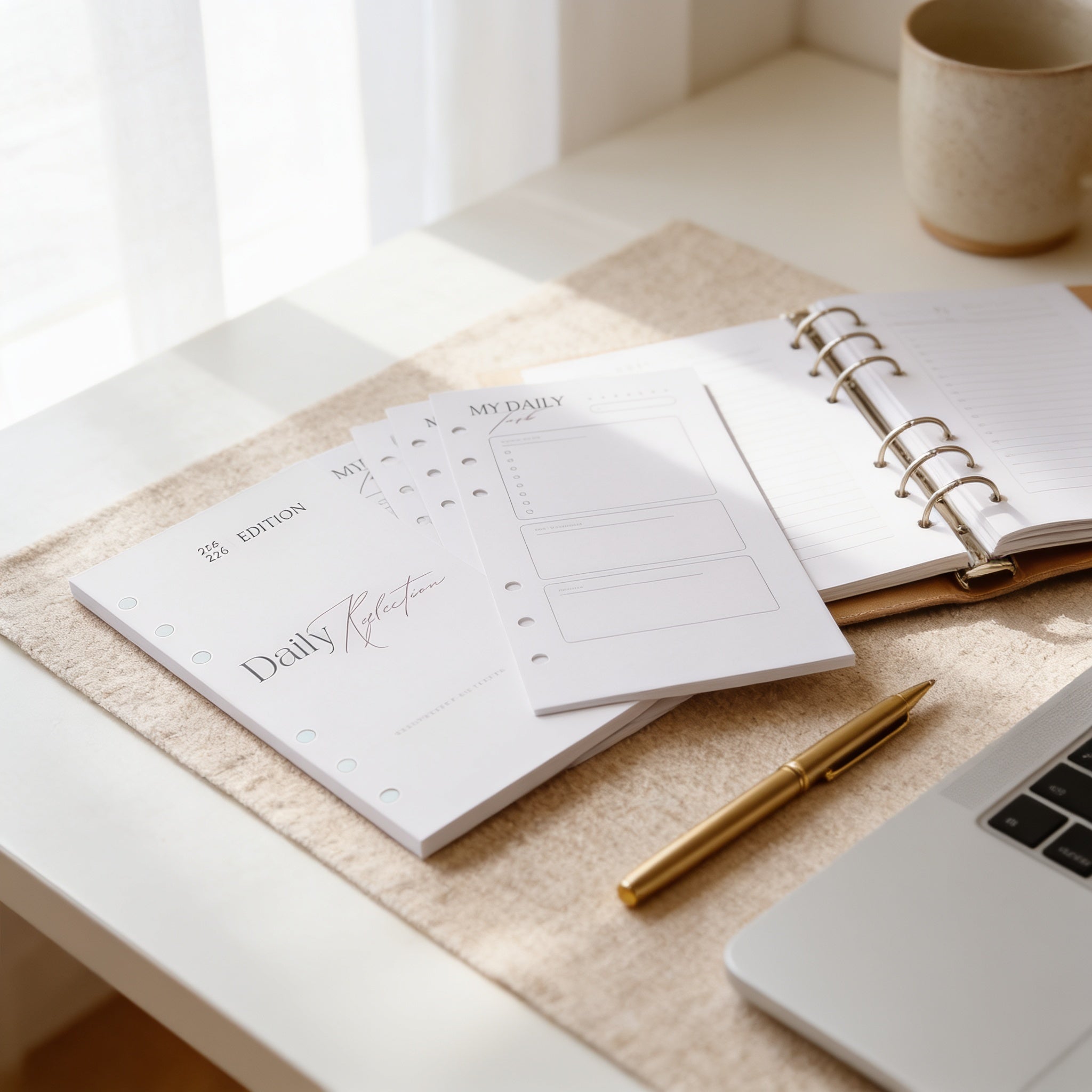 a desk with a laptop, a pen, and several planners or notebooks. The planners appear to be daily planners, and the laptop is open, suggesting a workspace or study area.