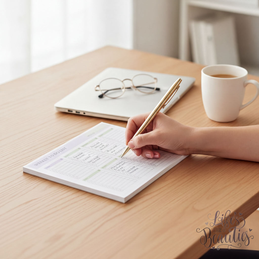 A person's hand is writing on a white notepad with a pen, while a laptop and a pair of glasses are placed on a wooden desk.