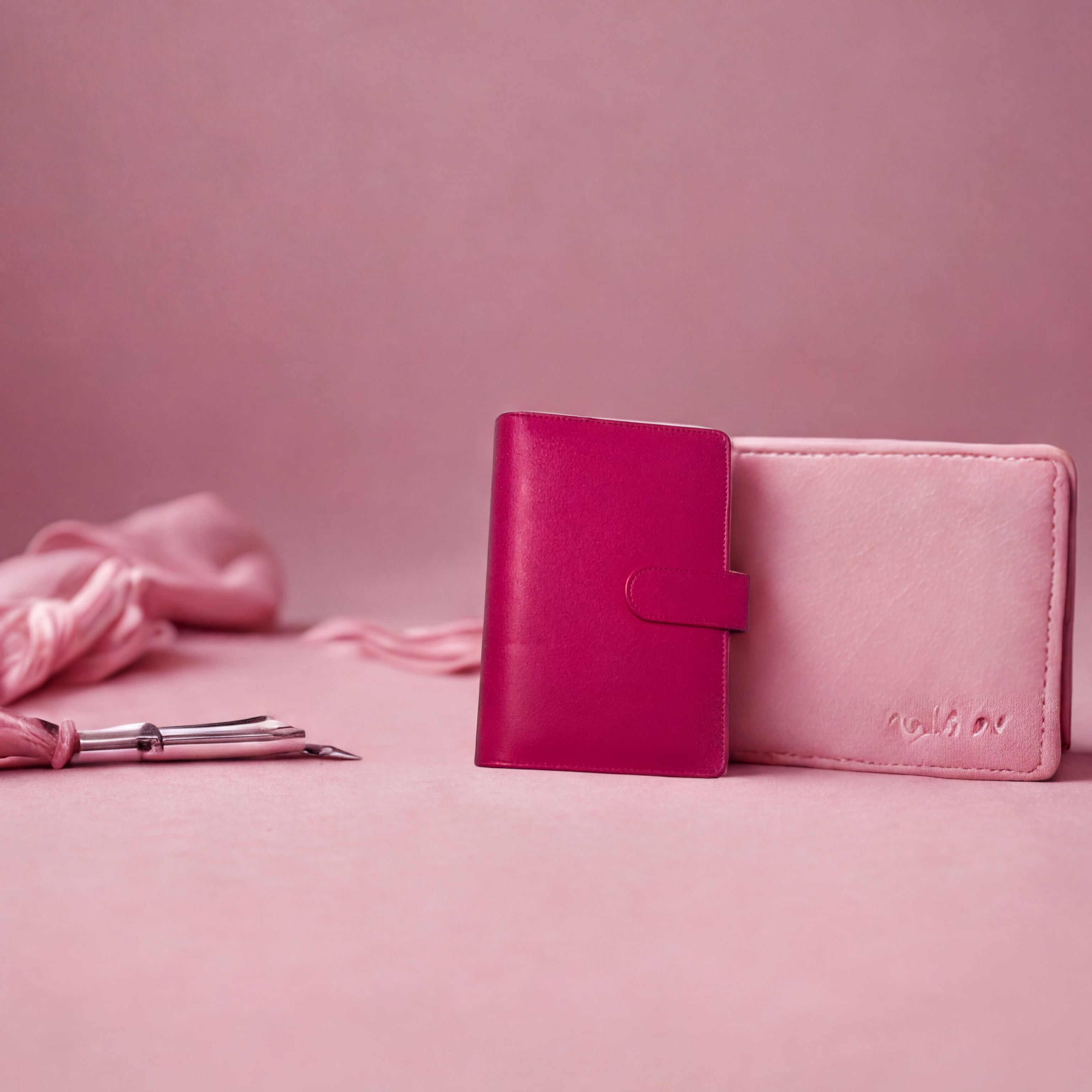 Pink leather wallets with soft fabric and pen on pastel background