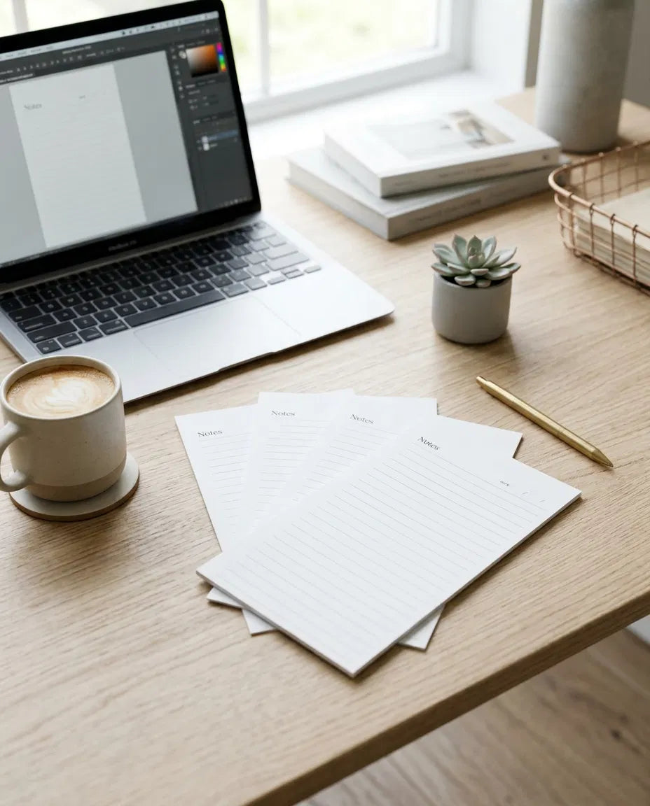 a wooden desk with a laptop, notebooks, a cup of coffee, and a pen.