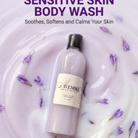 The image is an advertisement for a body wash product called "LAVENDER". It features a bottle of the body wash surrounded by purple flowers and petals, creating a visually appealing and relaxing atmosphere.