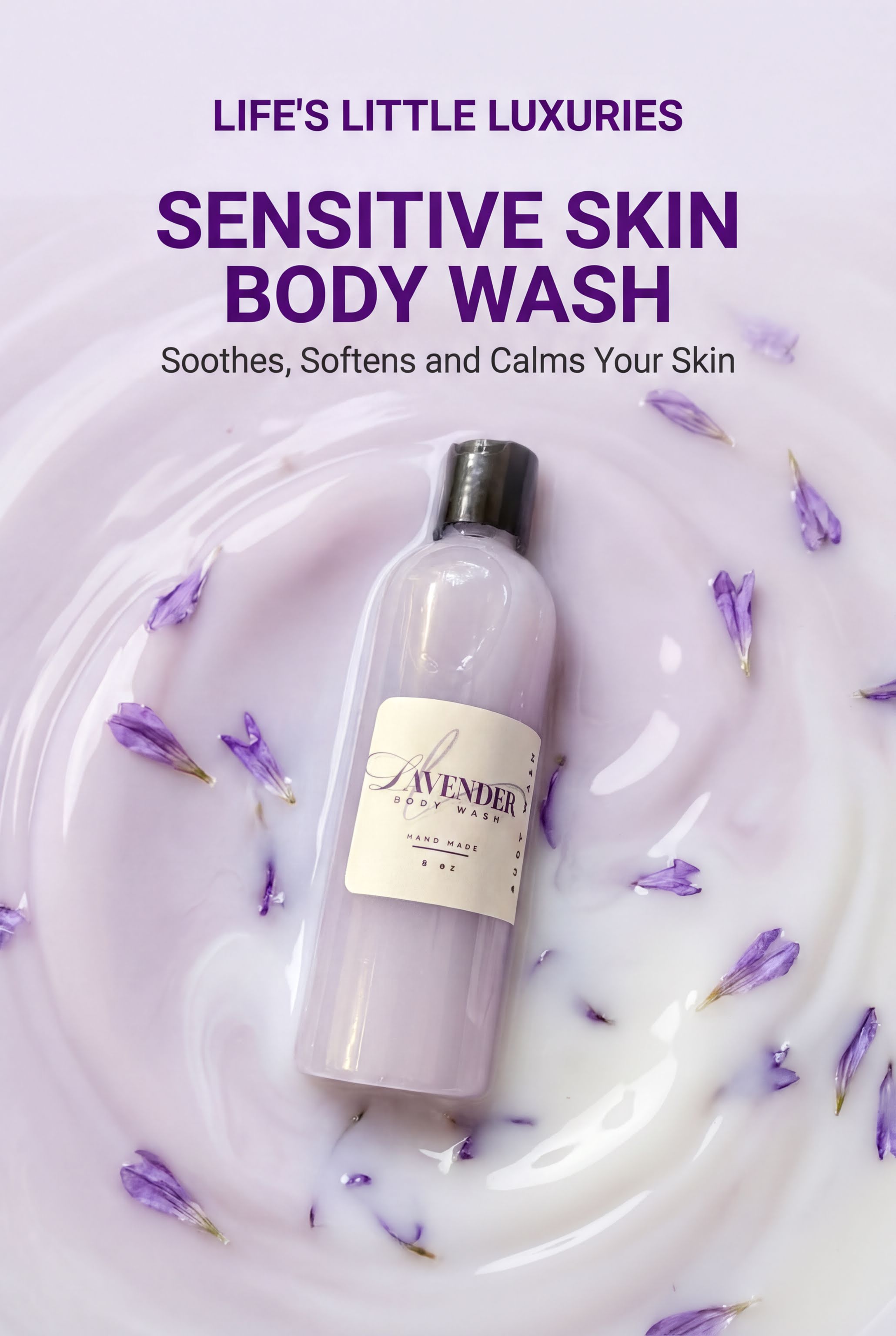The image is an advertisement for a body wash product called "LAVENDER". It features a bottle of the body wash surrounded by purple flowers and petals, creating a visually appealing and relaxing atmosphere.