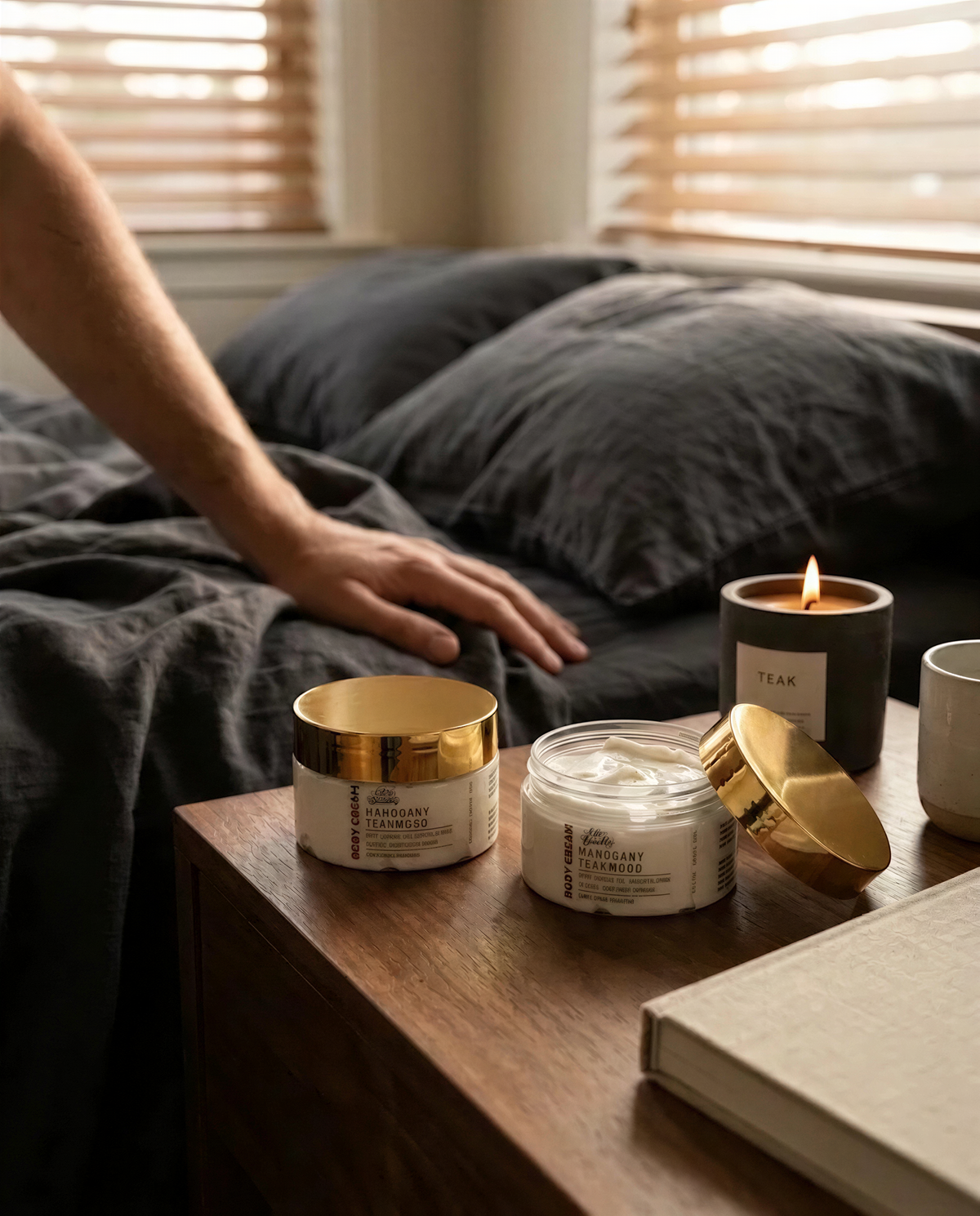 A person's hand rests on a bed, with two jars of cream and a lit candle on a wooden nightstand in front of them.