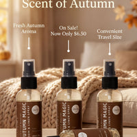 three bottles of "Autumn Magic" essential oil diffuser, with a cozy autumn-themed background.