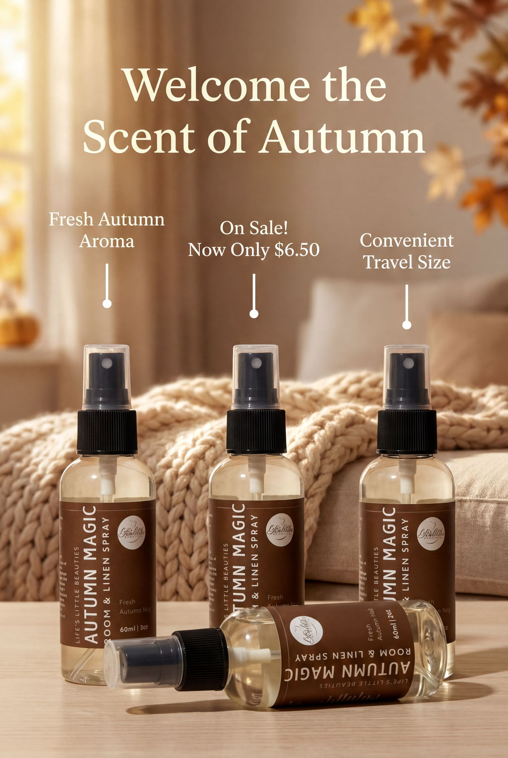 three bottles of "Autumn Magic" essential oil diffuser, with a cozy autumn-themed background.