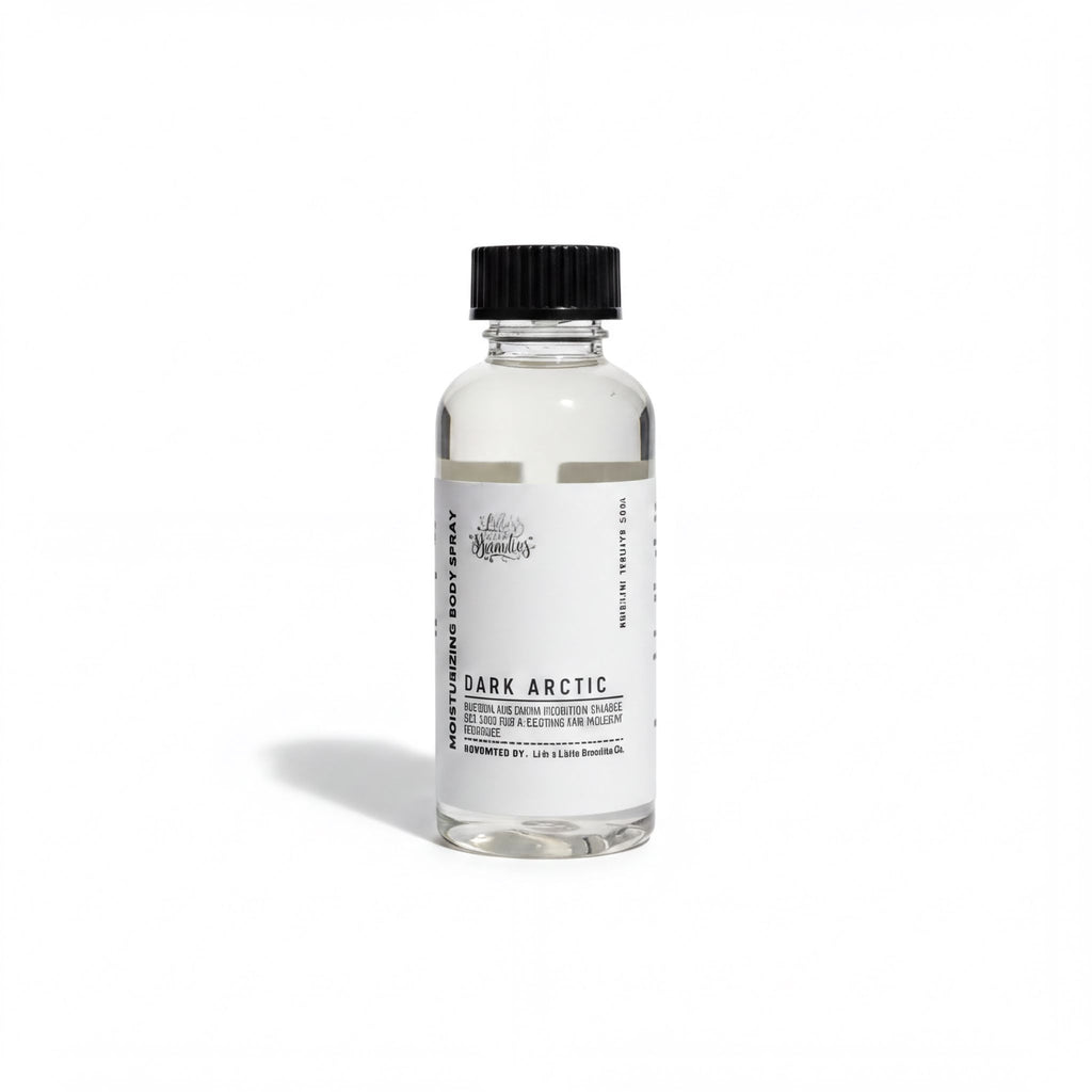 A clear glass bottle with a black cap, containing a clear liquid, labeled as "Dark Arctic".