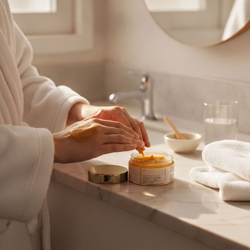 A person in a white robe is applying a yellow substance to their hands in a bathroom setting.