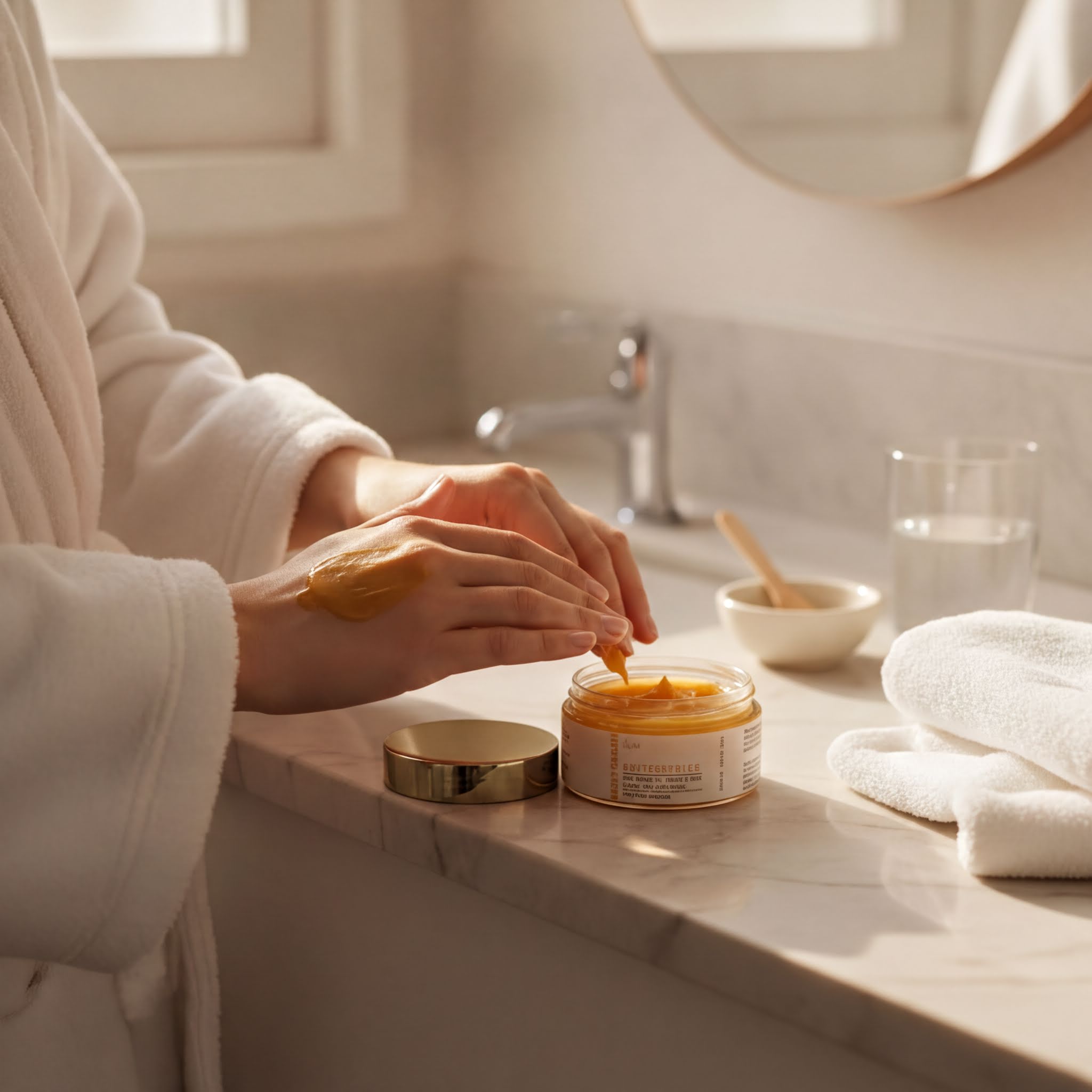 A person in a white robe is applying a yellow substance to their hands in a bathroom setting.