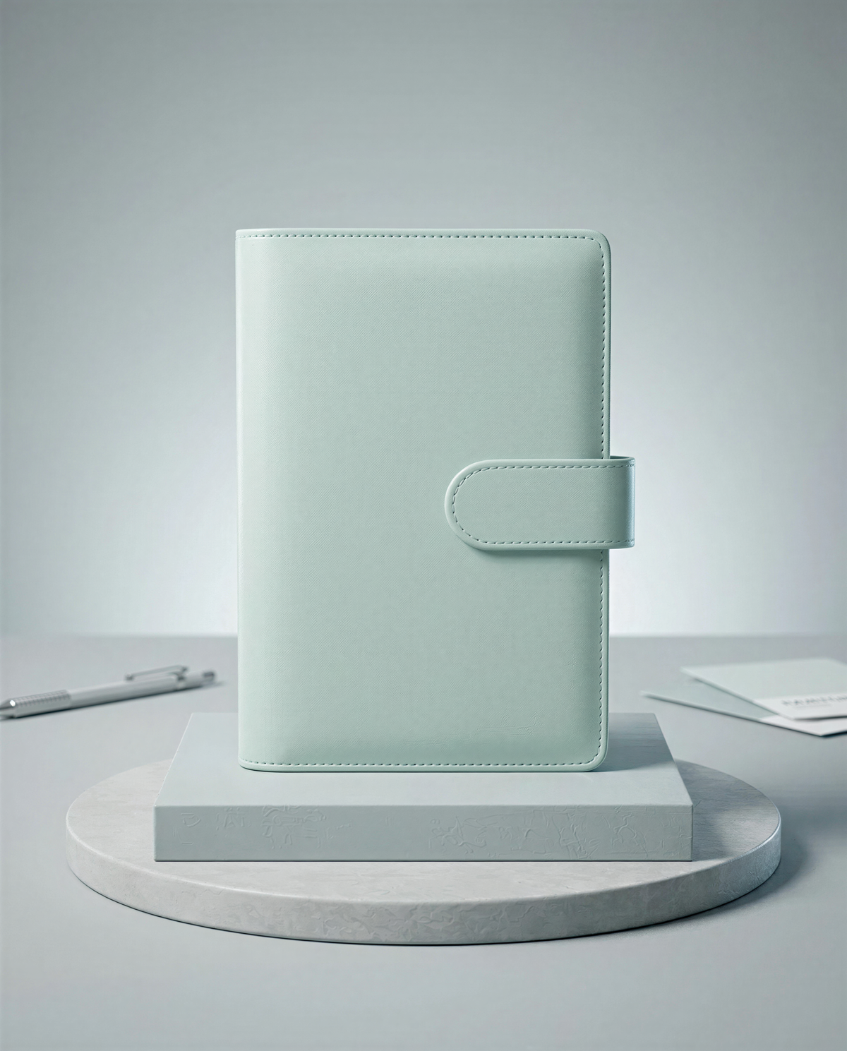 A light green leather-bound notebook or planner is displayed on a gray platform against a plain background.