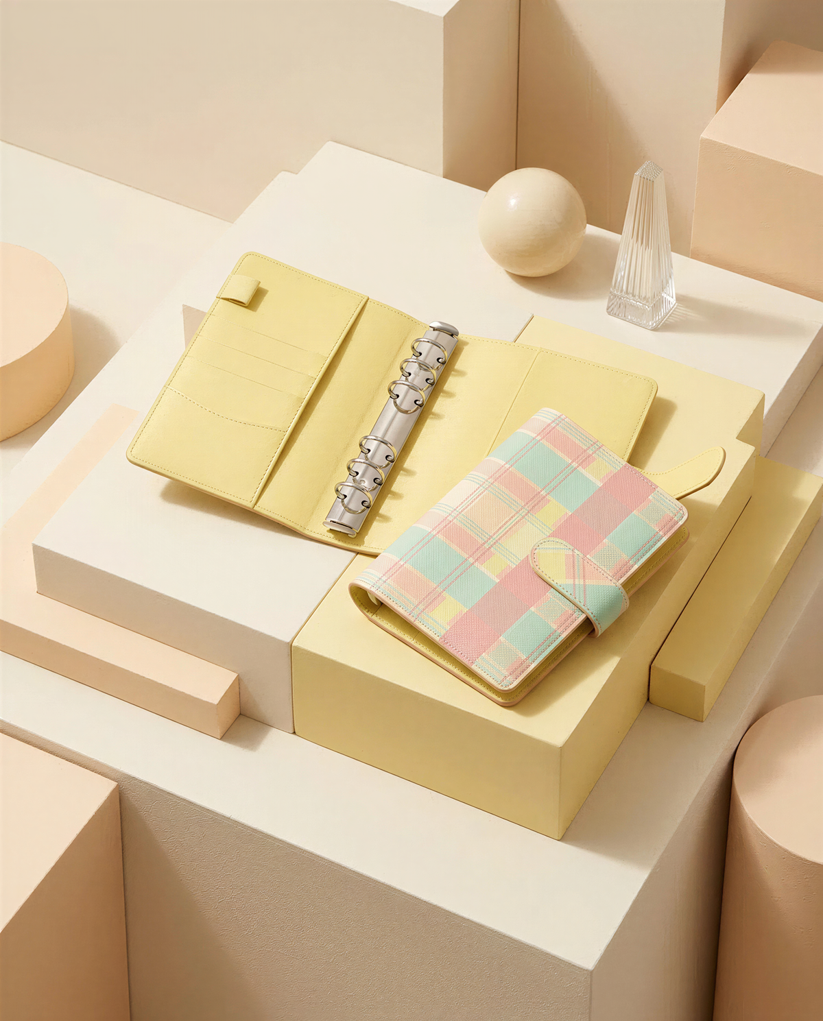 a yellow notebook, a pink and green plaid wallet, and a silver binder on a white surface, with a geometric background.