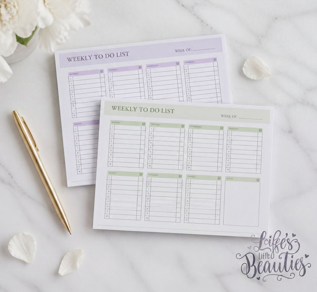 two weekly to-do lists on a marble surface, with a pen and a flower nearby.