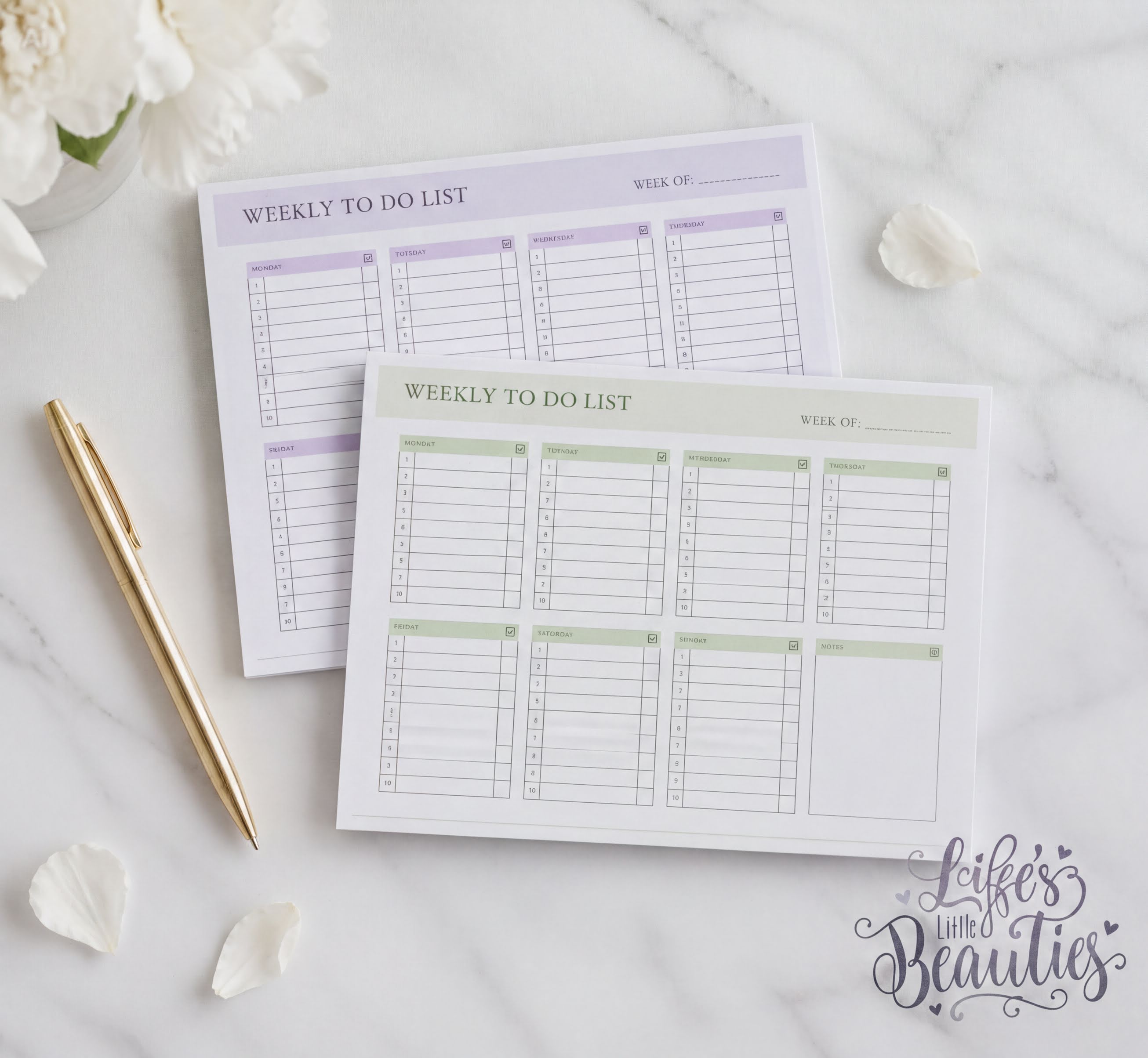 two weekly to-do lists on a marble surface, with a pen and a flower nearby.