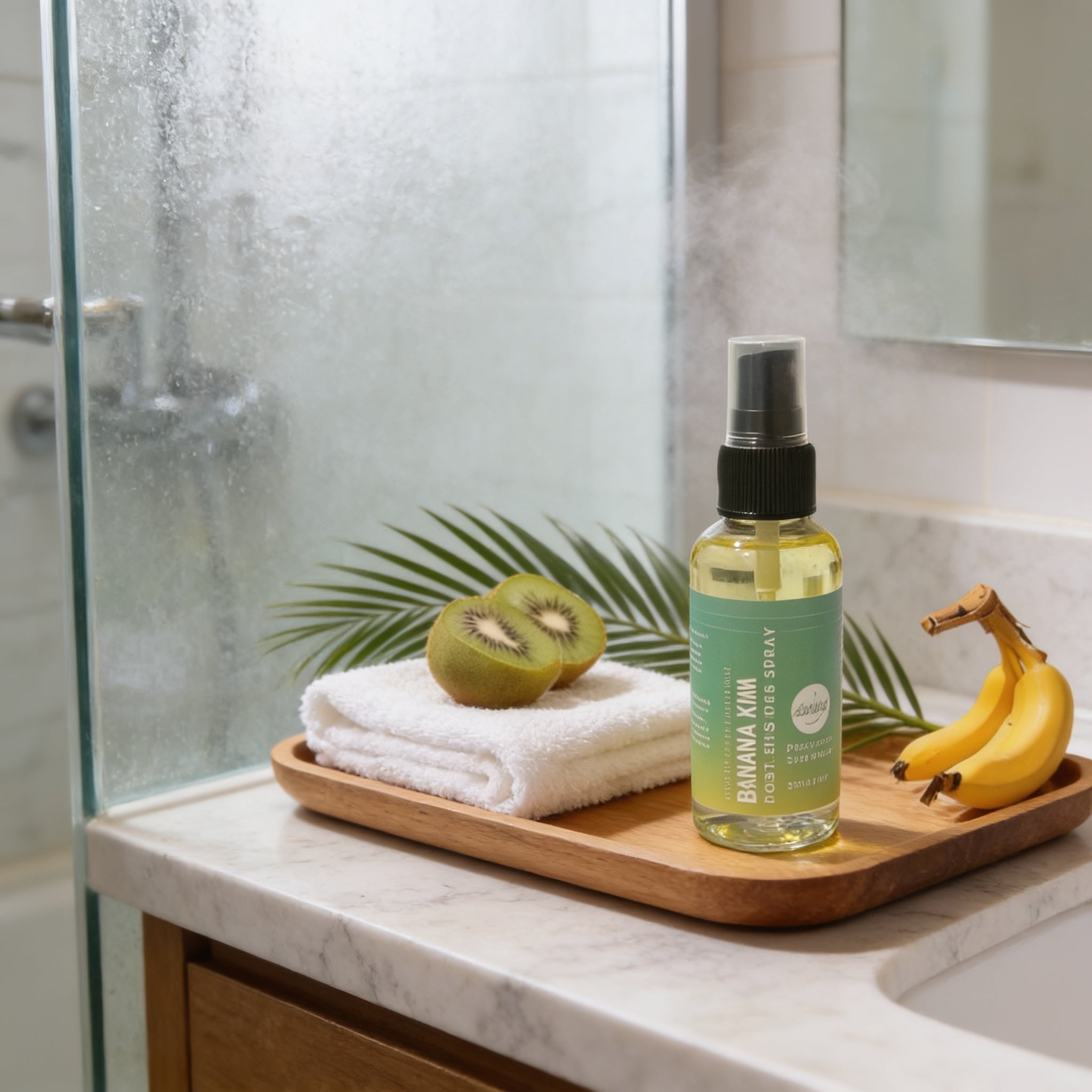 A bathroom counter with a bottle of Banana & Kiwi Body Mist, a folded towel, a banana, and a leafy green plant.