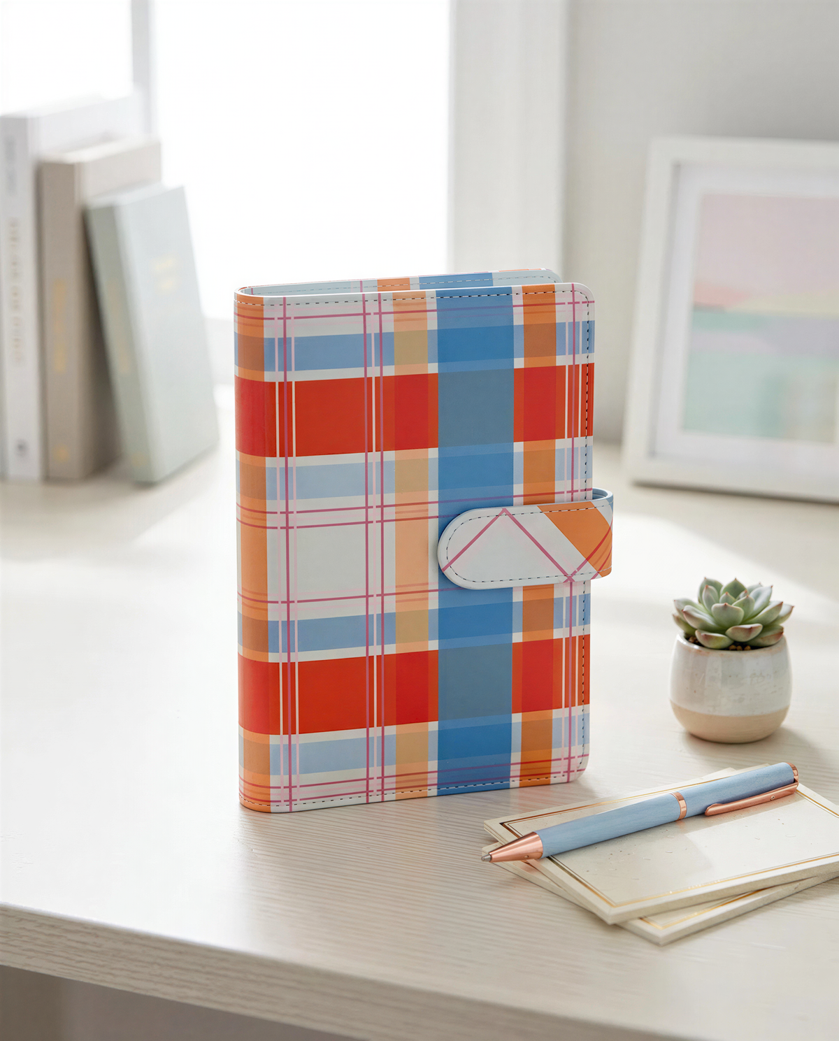 a colorful plaid notebook, a pen, and a succulent plant on a desk, with a window and books visible in the background.