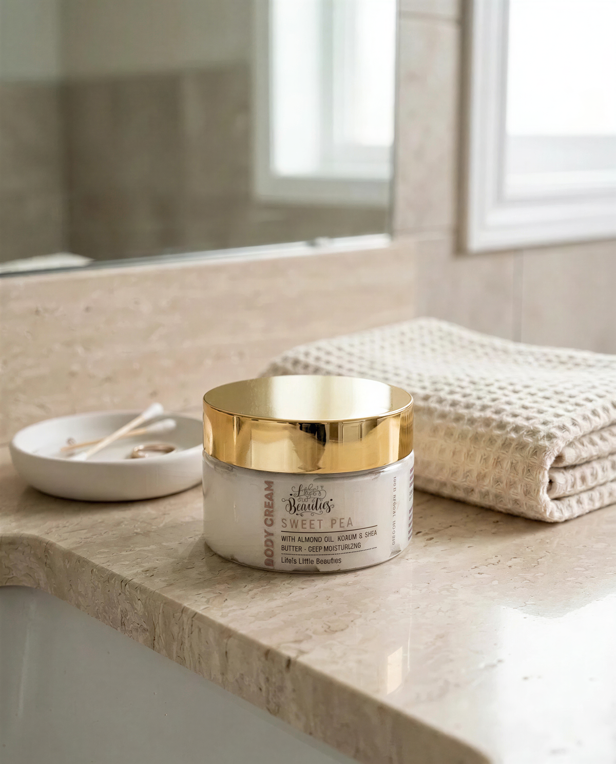 A jar of body cream with a gold lid sits on a bathroom counter, accompanied by a white towel and a small white dish with cotton swabs.