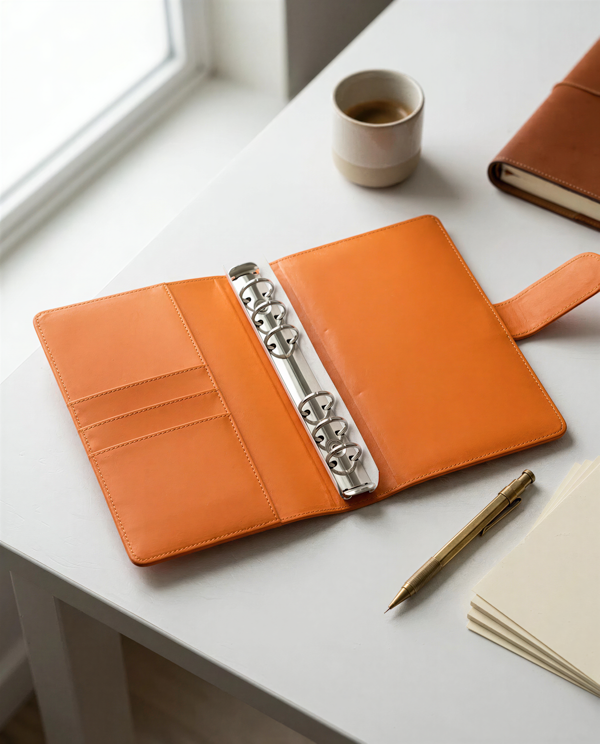 an open orange leather binder with a pen and a cup of coffee on a white desk.