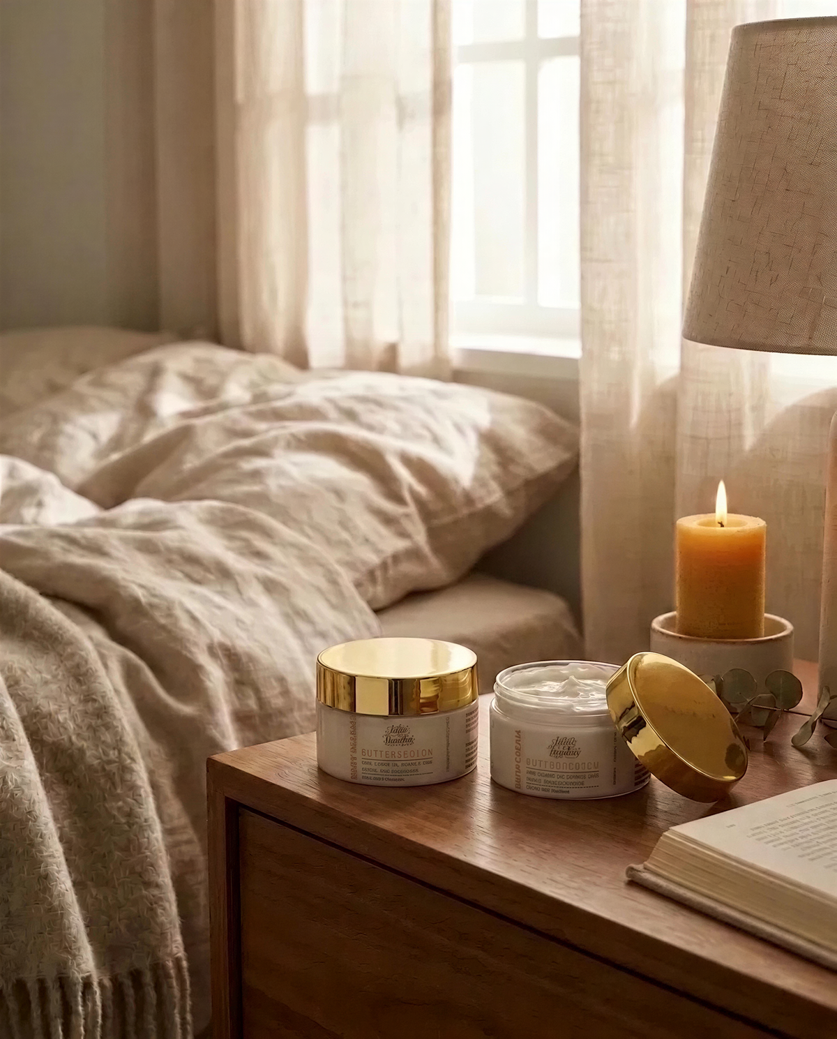 A cozy bedroom scene with a bed, a nightstand, and a lit candle. There are two jars of lotion on the nightstand, and a book is also present.
