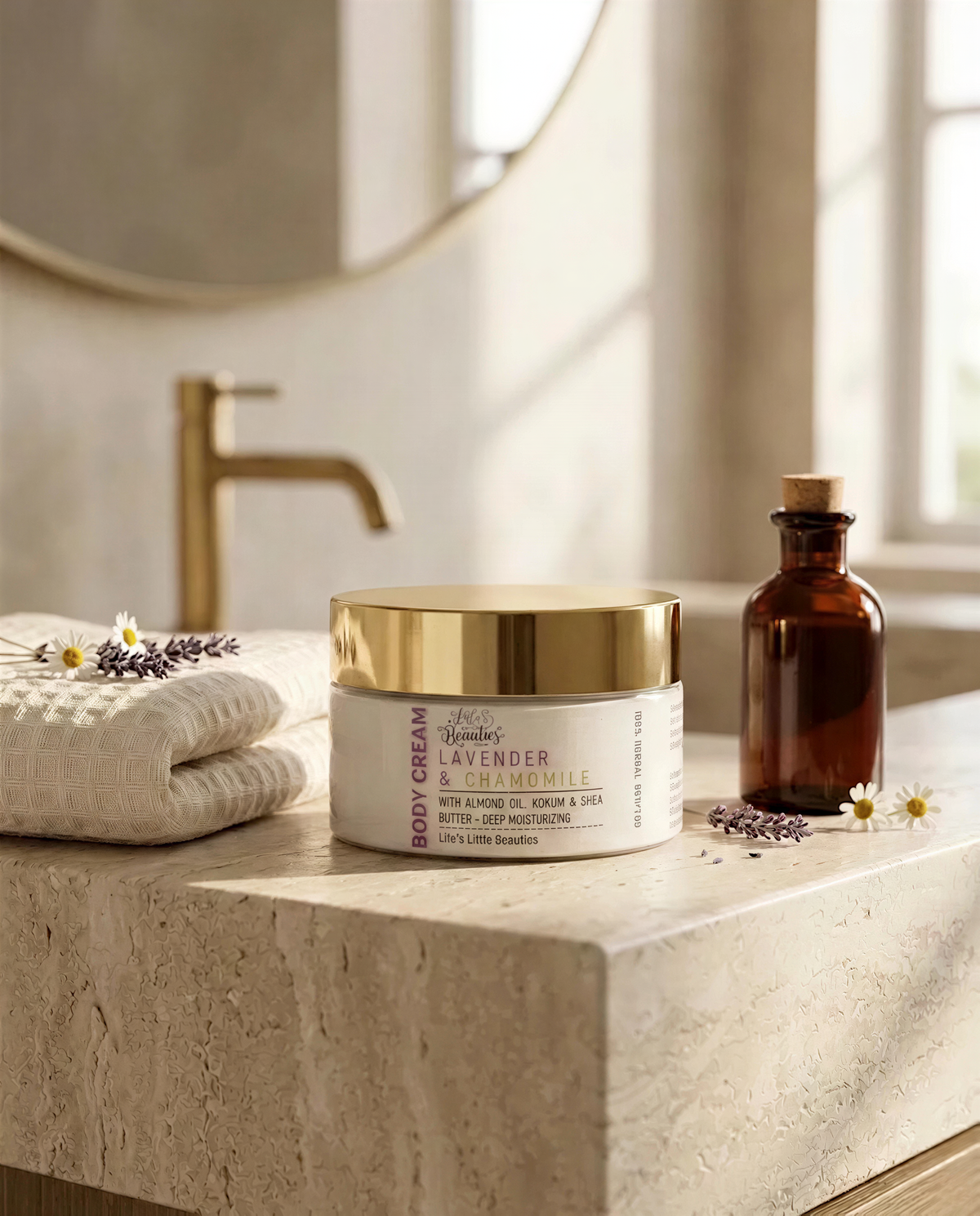 A jar of body cream with a gold lid sits on a marble countertop, accompanied by a brown glass bottle and a white towel.