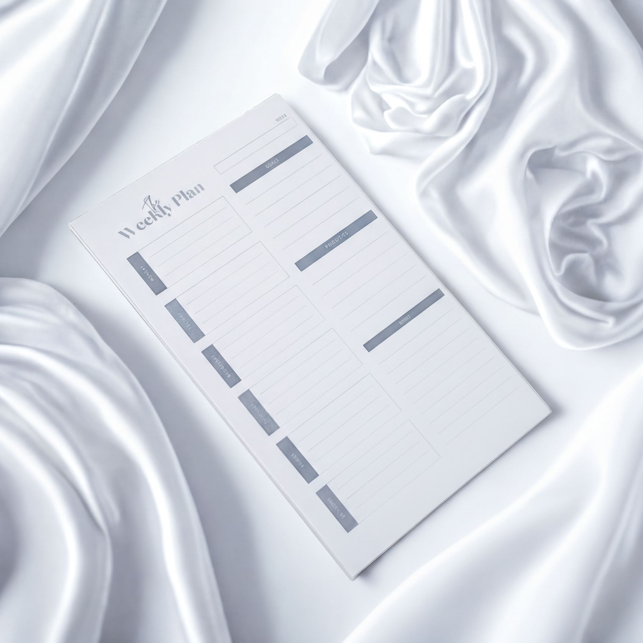 A white weekly plan sheet with a list of tasks is placed on a white fabric surface.