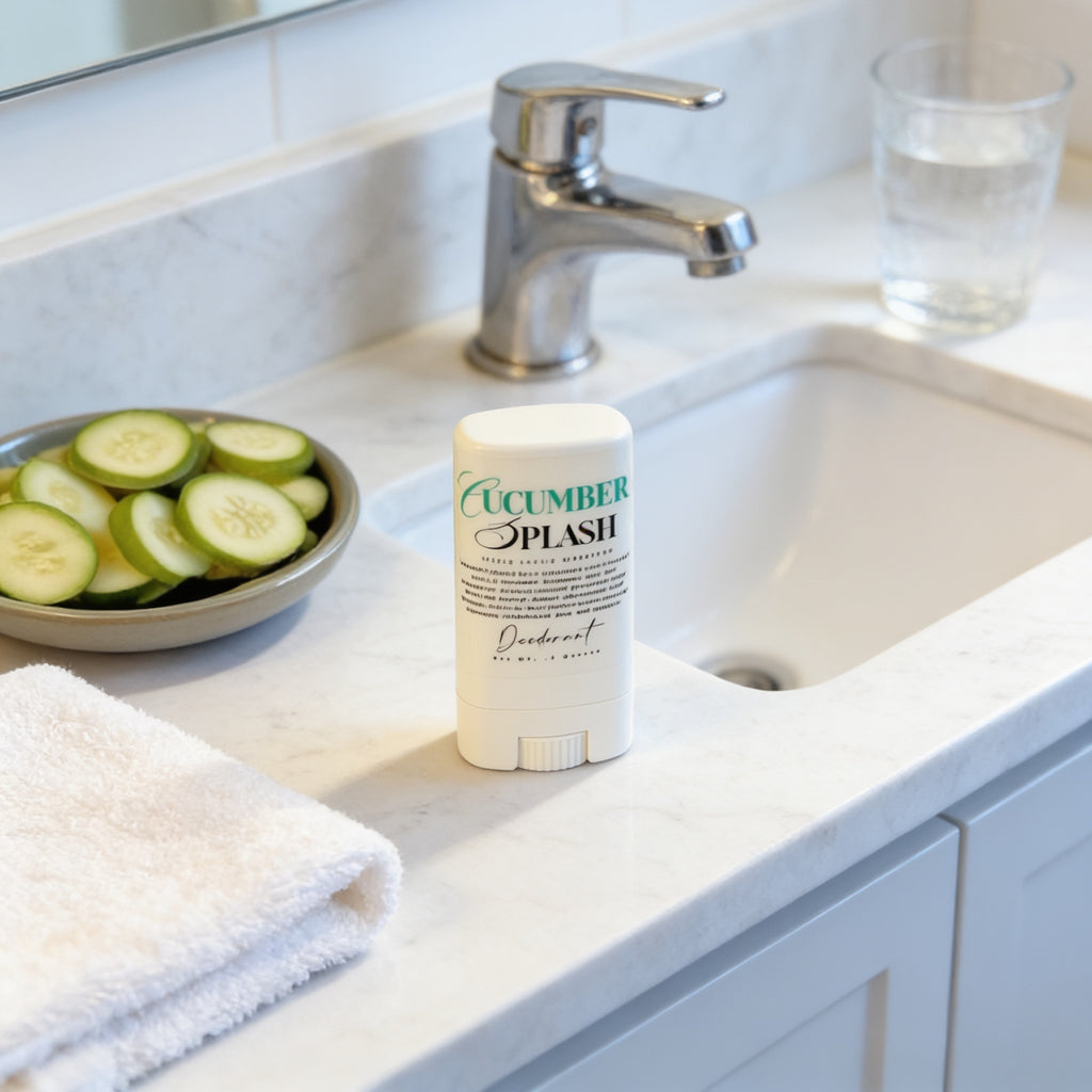 A bathroom counter with a cucumber slice dish, a bottle of cucumber splash deodorant, and a glass of water.