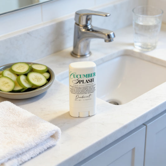 A bathroom counter with a cucumber slice dish, a bottle of cucumber splash deodorant, and a glass of water.