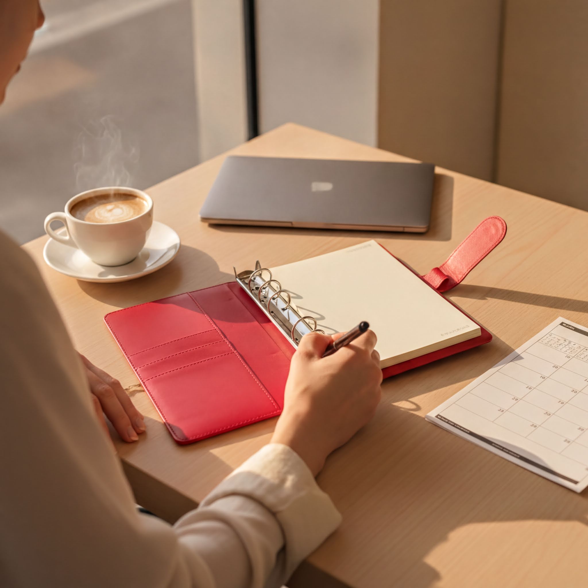 A person is sitting at a desk, writing in a red notebook with a pen, while a laptop and a cup of coffee are nearby.