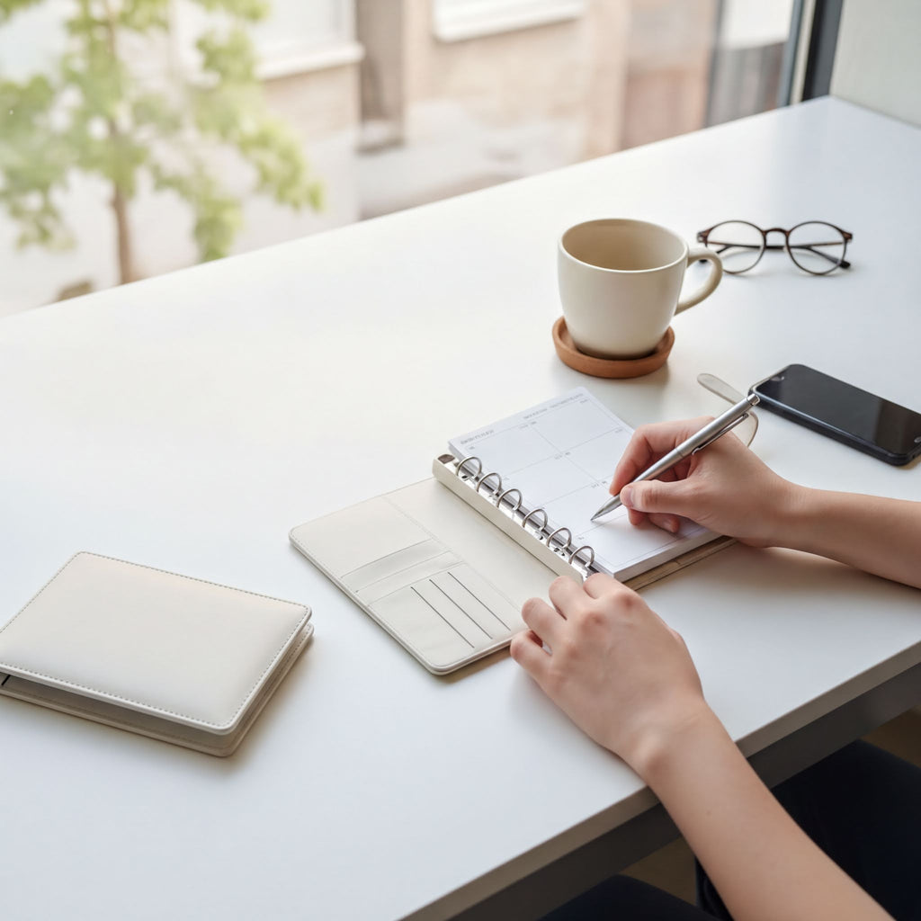 A person's hands are seen writing in a notebook on a white desk, with a cup of coffee and a pair of glasses nearby.