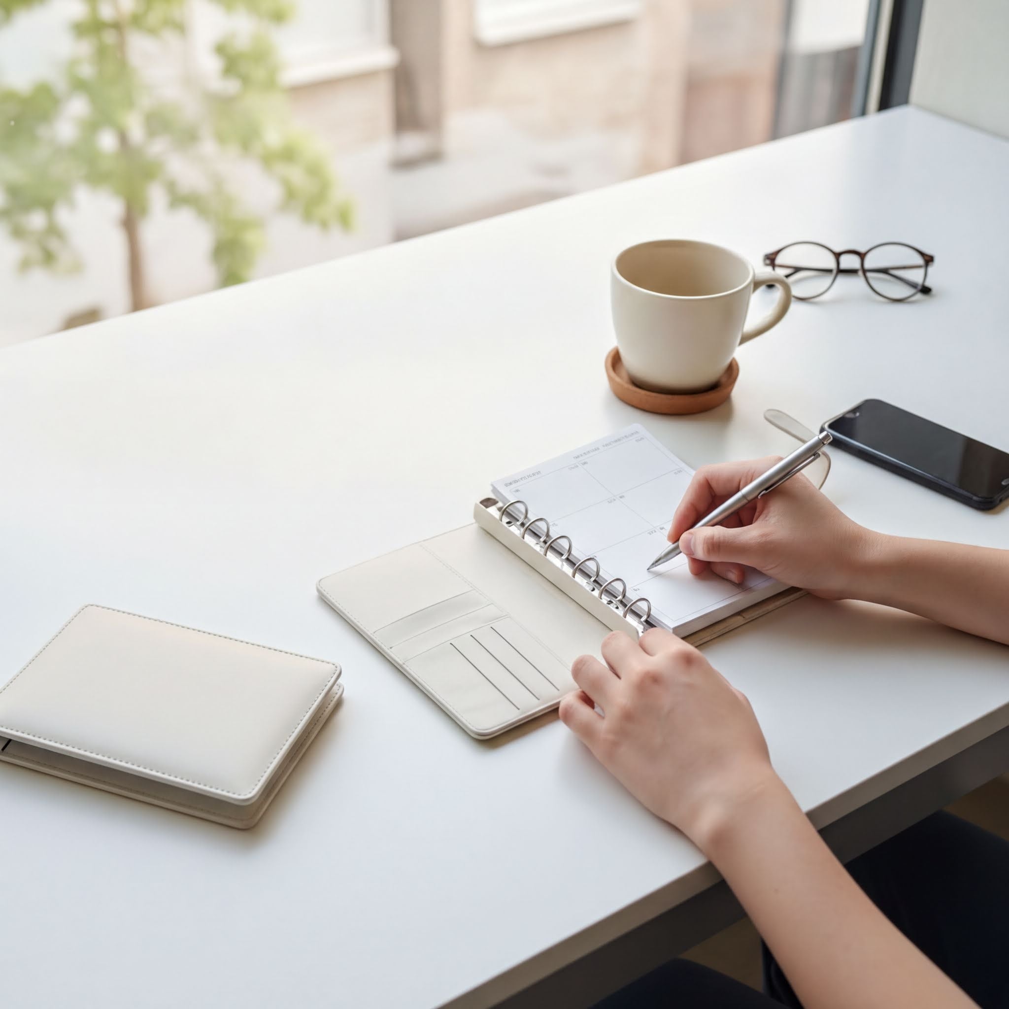 A person's hands are seen writing in a notebook on a white desk, with a cup of coffee and a pair of glasses nearby.