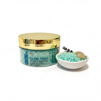 a jar of "Island Fresh" bath salt next to a small white bowl filled with the same bath salt.