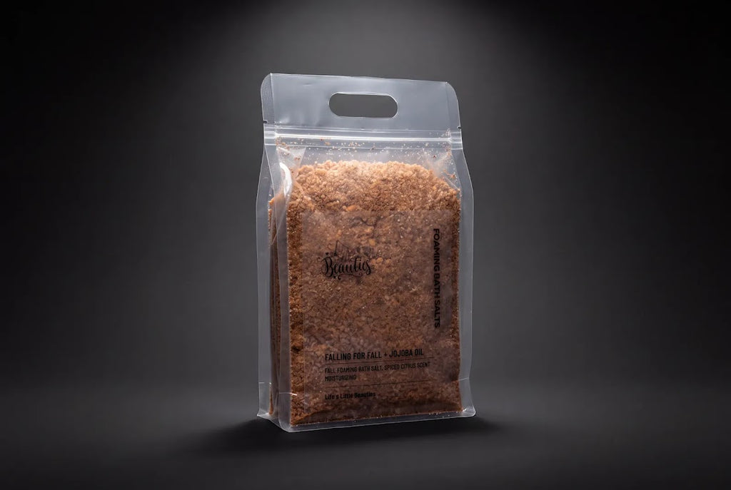 A clear plastic bag filled with brown, granular substance, likely a type of seasoning or spice, against a dark background.