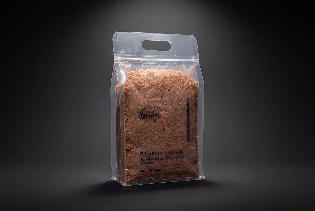 A clear plastic bag filled with brown, granular substance, likely a type of seasoning or spice, against a dark background.