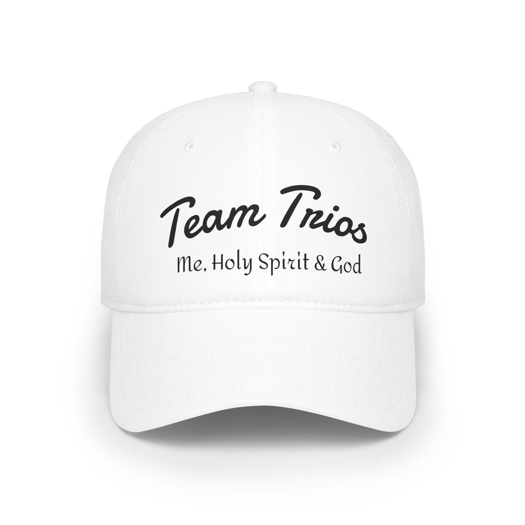 White baseball cap with 'Team Trios Me, Holy Spirit & God' text in black script