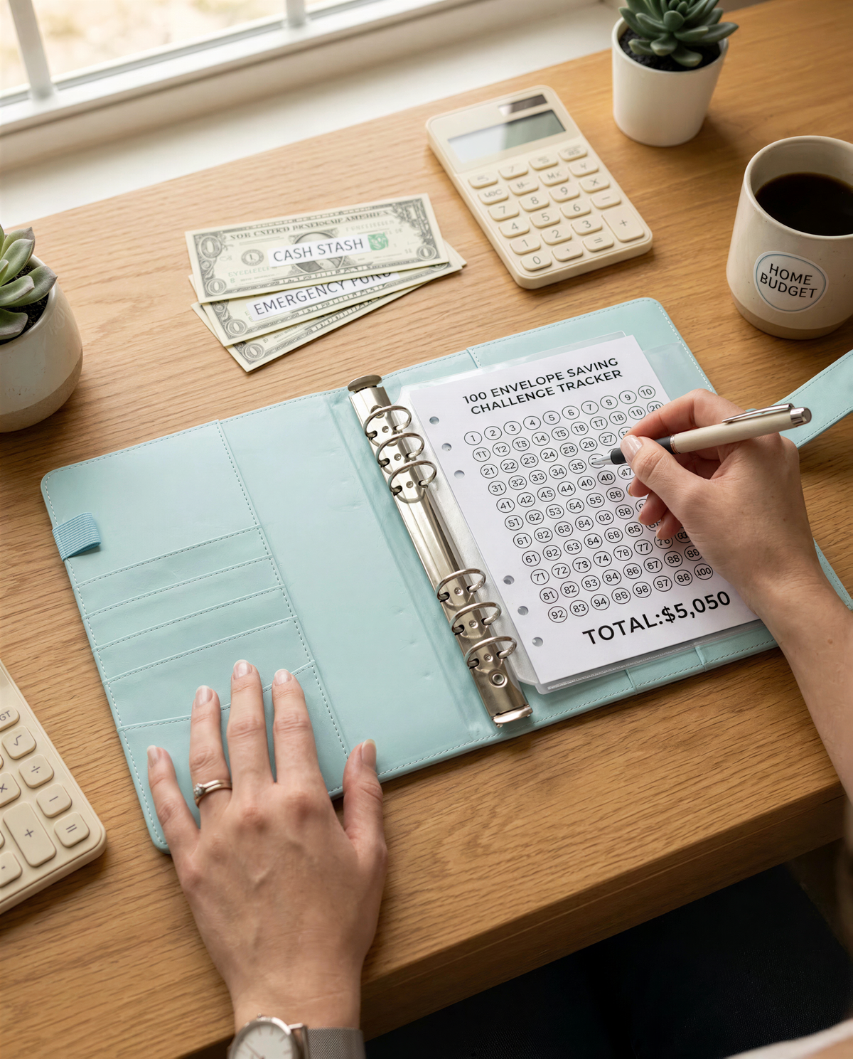 A person is filling out a challenge tracker in a light blue notebook, with a pen in their hand. The notebook is placed on a wooden desk, and there are some money and a calculator nearby.