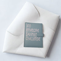 A light blue envelope with the text "100 envelope savings challenge" printed on it, placed on a white surface.