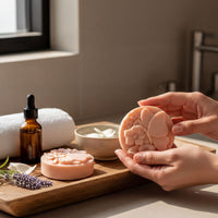 A person's hands holding a soap with a flower design, surrounded by various personal care items such as a rolled towel, a bottle, and a bowl.