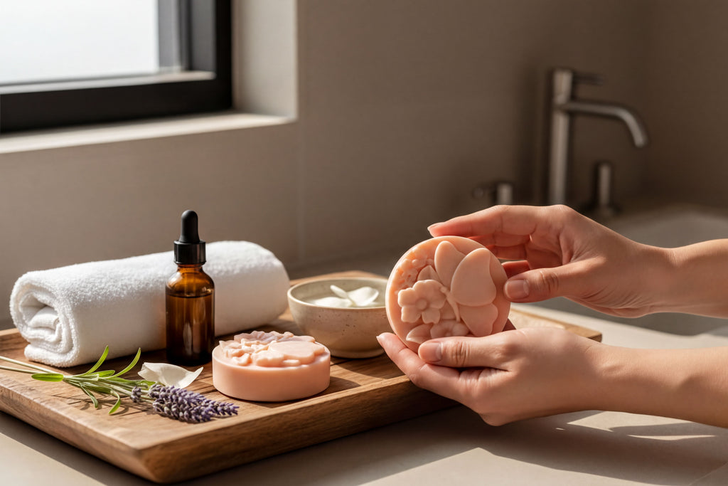 A person's hands holding a soap with a flower design, surrounded by various personal care items such as a rolled towel, a bottle, and a bowl.